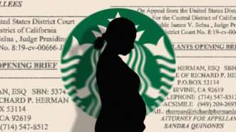pregnant woman in front of starbucks sign