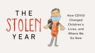 Graphic using the cover art for The Stolen Year, with a drawing of a child wearing a mask.