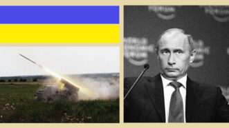 Ukraine shooting off a rocket in a field and a Putin sitting at a desk