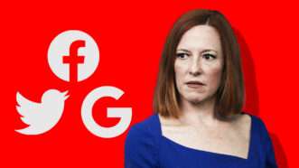 a picture of Jen Psaki against a red background with white icons for media companies next to her