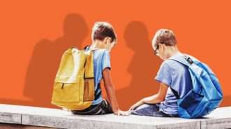 two kids sit next to each other on a bench with an orange background | Illustration: Lex Villena; Vadreams