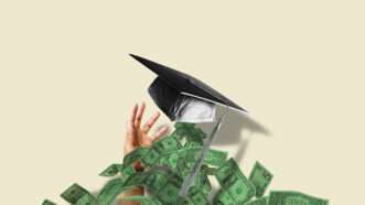 Illustration of a graduation cap over a pile of money