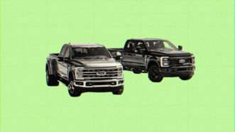 Two of Ford's new Super Duty pickups against a green backdrop. | Illustration: Lex Villena; Ford Motor Co.