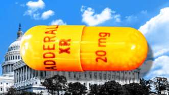 An adderall pill superimposed over the Capitol building. | Illustration: Lex Villena; Michaelurmann, Colin Temple