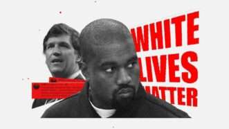 Kanye West and Tucker Carlson behind a "White Lives Matter" banner