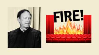 Samuel Alito next to a cartoon of a theater on fire on a tan background