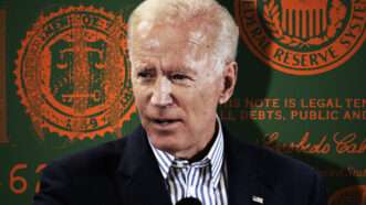 Headshot of President Joe Biden overlaid on a green background with orange money seals