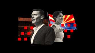 Arizona Senate candidate Blake Masters and gubernatorial candidate Kari Lake with the Arizona flag | Illustration: Lex Villena; Gage Skidmore, Gene Zhange