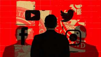 An illustration of shadowy figures and social media logos