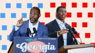 Georgia Senate candidates Raphael Warnock and Herschel Walker overlaid on tan background with blue and red boxes