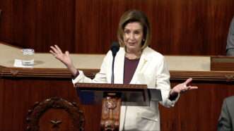 Nancy Pelosi speaks at a podium | US House TV via CNP/CNP / Polaris/Newscom