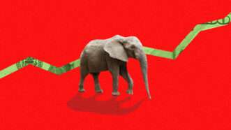 A GOP elephant is seen in front of a sliver of a dollar bill