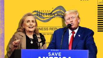 Donald Trump and Hilary Clinton in front of a mail-in ballot | Lex Villena; Niyi Fote/ZUMAPRESS/Newscom; Kyle Mazza/ZUMAPRESS/Newscom