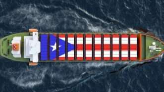 Freighter decorated with Puerto Rican flag