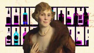 Painted image of Pauline Sabin in front of a separate background image of liquor bottles on a bar. | Painting: National Portrait Gallery, Smithsonian Institution; gift of her granddaughter, Sheila Morton Smith Cochran. Illustration: Lex Villena; Fedor Kondratenko.