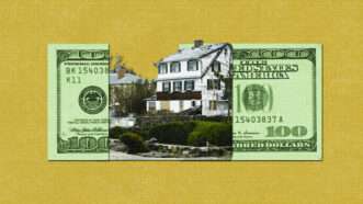 A coastal Connecticut home affected by Hurricane Sandy, betwixt a 100-dollar bill, against a yellow background. | Illustration: Lex Villena; Douglas Healey/Polaris/Newscom