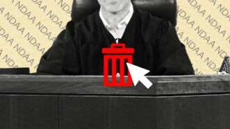 Judge behind a bench with a trash symbol in front