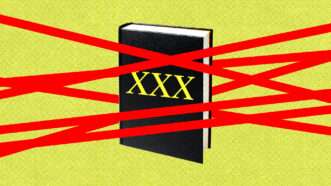 yellow background with black book that has a yellow XXX on the front blocked by red tape