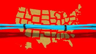 A U.S. map on a red background, behind a strand of ethernet cables. | Illustration: Lex Villena; Mitrandir 