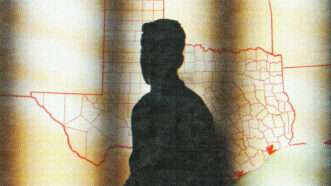 a shadowy figure of a man superimposed on a map of Texas