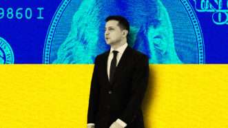 President Volodymyr Zelenskyy of Ukraine over a Ukrainian flag with a money print