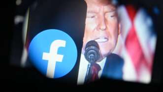 Facebook logo next to picture of Donald Trump | Adrien Fillon/ZUMAPRESS/Newscom