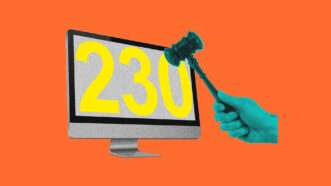 An orange background with a hand holding a gavel and a computer screen that says 230 on it | Illustration: Lex Villena; Arturaliev  
