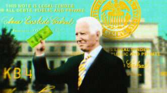 Art with Biden holding money in the foreground, with a teal sky, yellow monetary stamp, and building in the background | Illustration: Lex Villena; Gage Skidmore