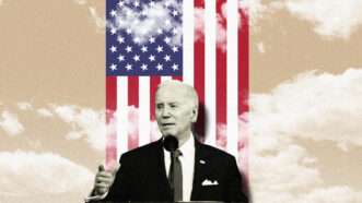 President Joe Biden photographed in black and white, in front of the American flag, surrounded by smoking white and gray clouds. | Illustration: Lex Villenas. Photo: CNP/AdMedia/Newscom