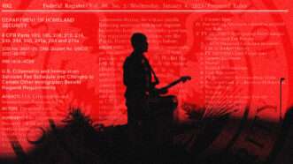 a silhouette of a guitarist in front of Department of Homeland Security seal | Illustration: Lex Villena; Jenta Wong
