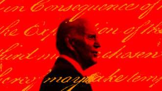 Joe Biden with a red filter and gold words from the Constitution written across | Illustration: Lex Villena