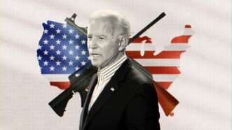 Joe Biden superimposed over an illustration of two guns and the United States