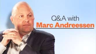 A photo of Marc Andreessen on a blue ombre background with the words "Q&A with Marc Andreessen"