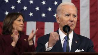 Biden in foreground and Kamala Harris in background during 2023 State of the Union Address | CNP/AdMedia/SIPA/Newscom