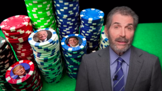 John Stossel is seen in front of poker chips bearing the faces of Donald Trump, Joe Biden, and Ron DeSantis | Stossel TV