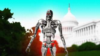 A Terminator is seen in the foreground of the image with the U.S. Capitol building in the background |  Illustration: Lex Villena, Nikola Milosev
