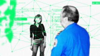 A TSA agent surveils a young woman using facial recognition technology. | Illustration: Lex Villena; Kriscole