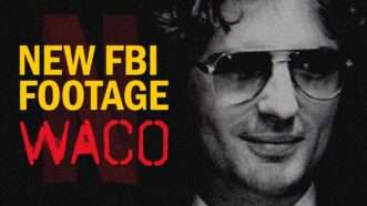 A black and white image of David Koresh with the words "new FBI footage Waco"