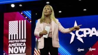 Rep. Marjorie Taylor Greene addresses the crowd at the 2023 Conservative Political Action Conference. | Ron Sachs - CNP / MEGA / Newscom/RSSIL/Newscom