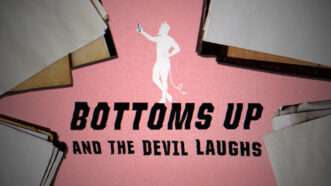 Text reading "Bottoms up and the devil laughs" surrounded by four piles of paper, with a white image of a devil. | Illustration: Alfred A. Knopf publishing; Lex Villenas; Vlntn