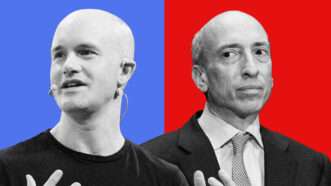 Coinbase announces the SEC has threatened it with enforcement action for alleged but unspecified violations of securities laws. | Illustration: Lex Villena; TechCrunch Disrupt, Graeme Sloan, Sipa USA, Newscom