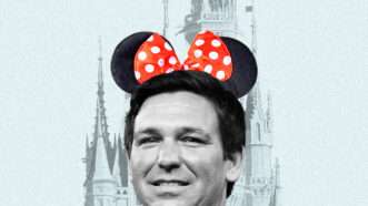 Headshot of Ron DeSantis wearing Minnie ears in front of the Disney castle on a chalky blue background | Illustration: Lex Villena; Gage Skidmore