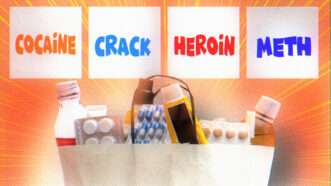 a visualization of many different drugs with the names of the drugs written above and a bag of drugs below on an orange background