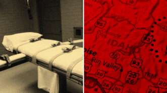 A bed in an execution chamber next to a red-tinted map of Idaho