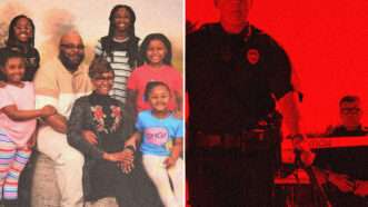 Photo of James Williams and his family on the left with a photo of police under red filter on the right | Illustration: Lex Villena; Photographerlondon 