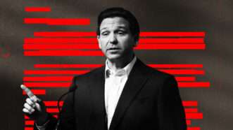 Ron desantis with a black and red background | Illustration: Lex Villena;Brian Cahn/ZUMAPRESS/Newscom