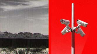Security cameras pictured next to the U.S.-Mexico border | Illustration: Lex Villena; Edgars Sermulis, Tomascastelazo