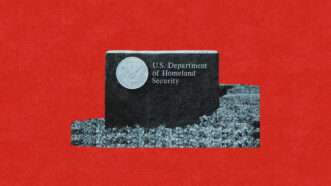 Stylized image of the Department of Homeland Security (DHS) sign against a red background. | Illustration: Lex Villena