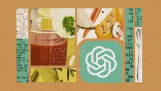 ChatGPT logo pictured next to a fork, drink, recipe, and shopping list | Illustration: Lex Villena; Ernest Akayeu, Valentina Razumova, Victoria Shibut, Piliphoto