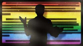 Teacher in profile in front of censored text and rainbow flag | Illustration: Lex Villena, Michal Sanca  